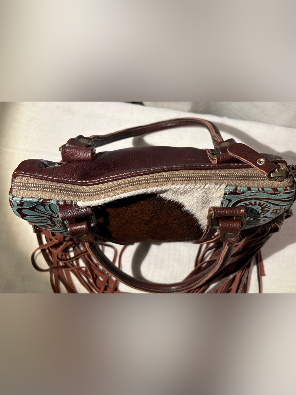 Myra Bag Cowhide Tooled Genui Leather Fringe Satchel Western Boho Bag Purse Med - Picture 11 of 15